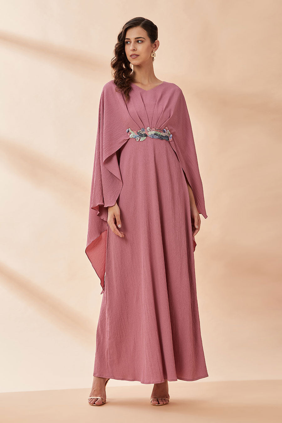 Pink Embroidered Drape Dress