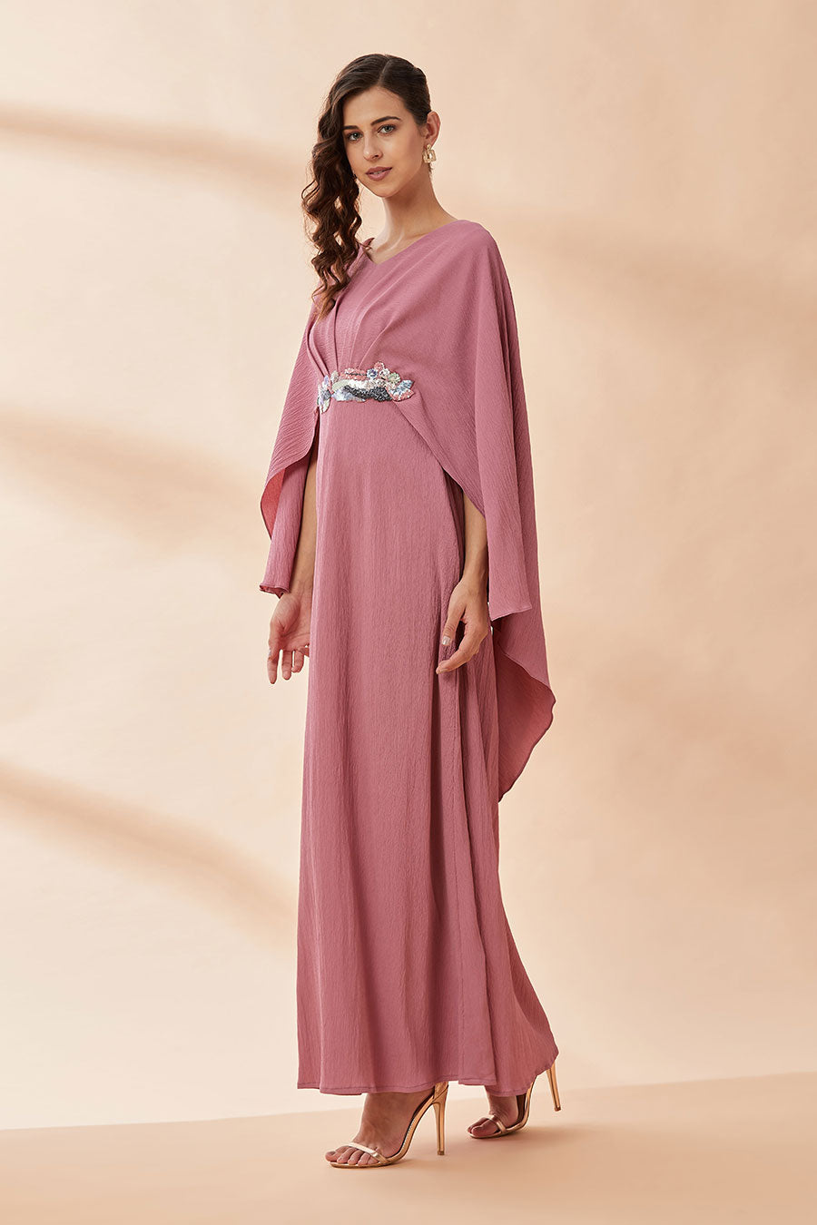 Pink Embroidered Drape Dress