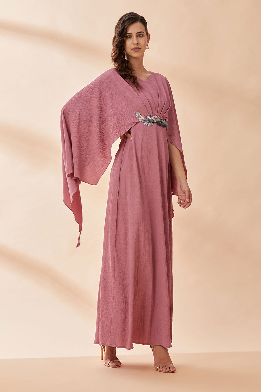 Pink Embroidered Drape Dress