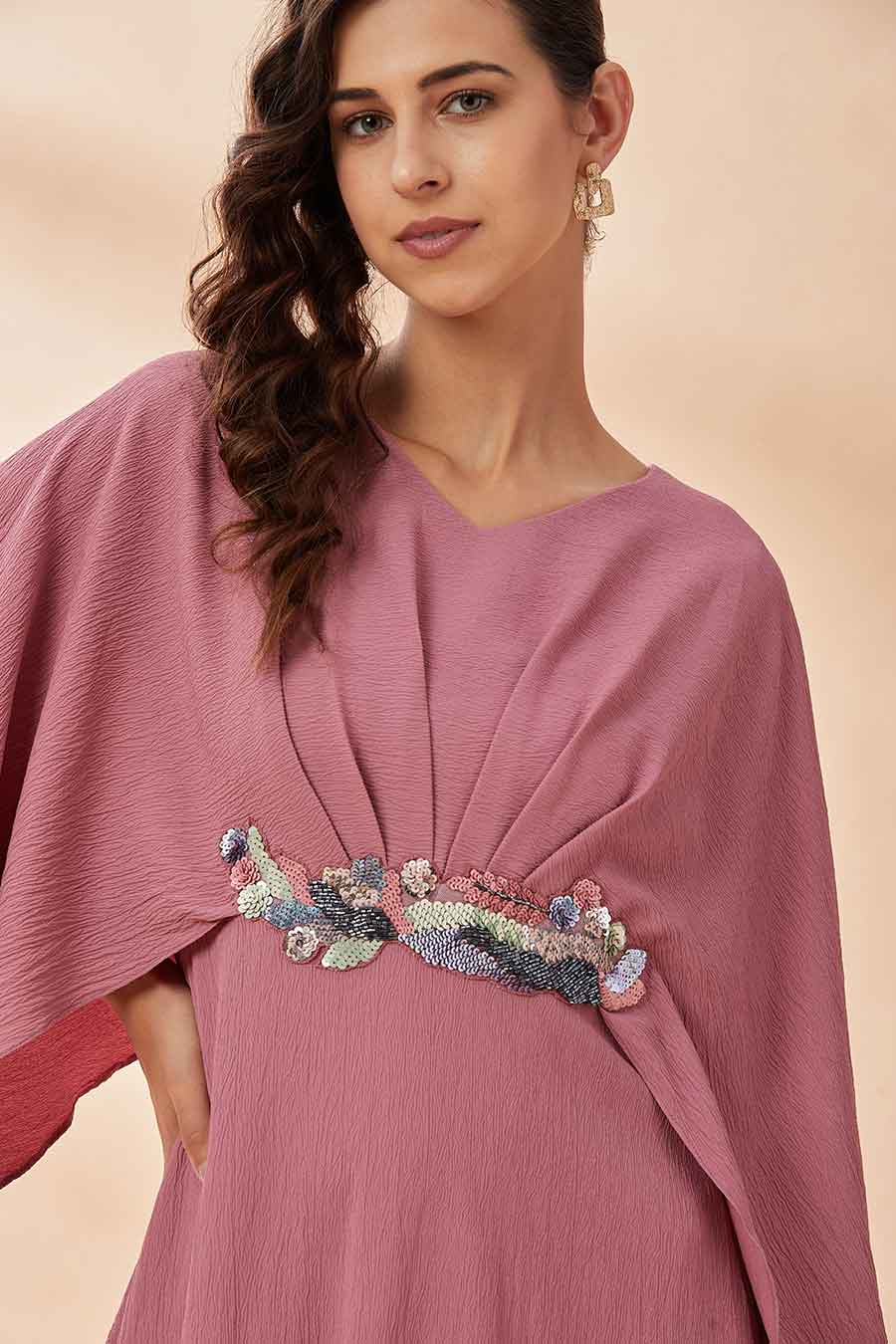 Pink Embroidered Drape Dress