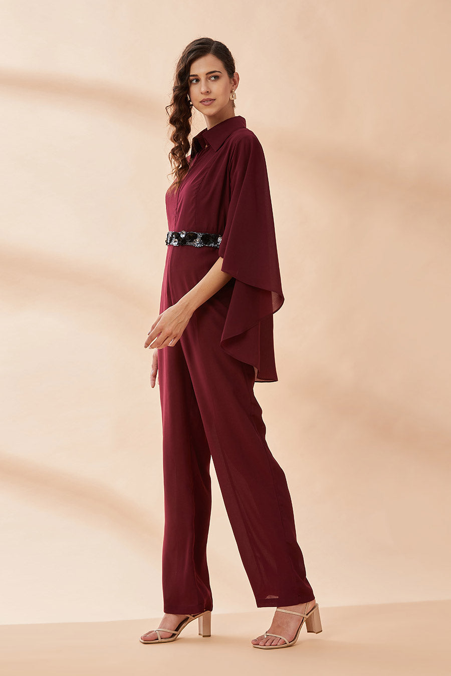 Wine Cape Jumpsuit With Belt