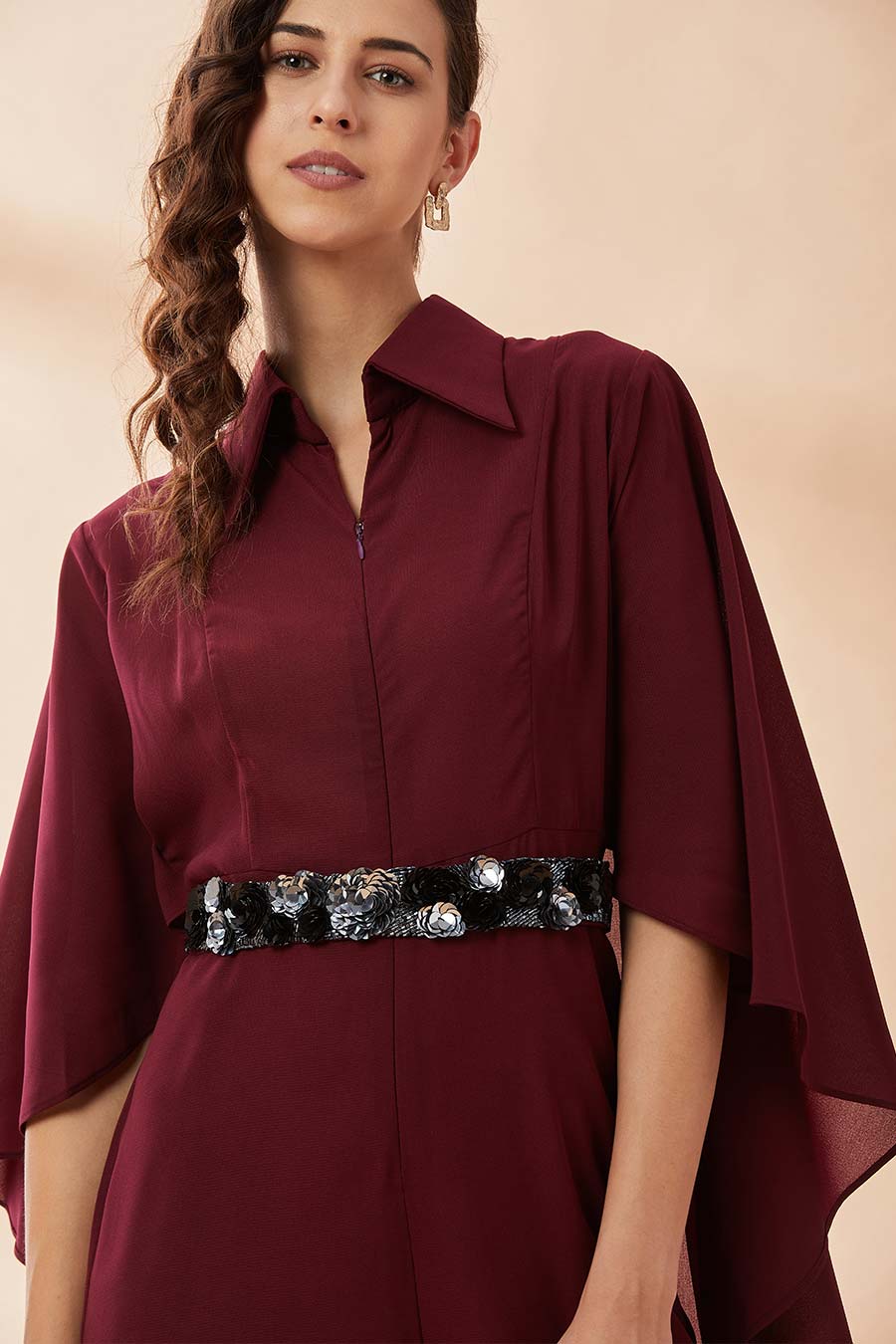Wine Cape Jumpsuit With Belt