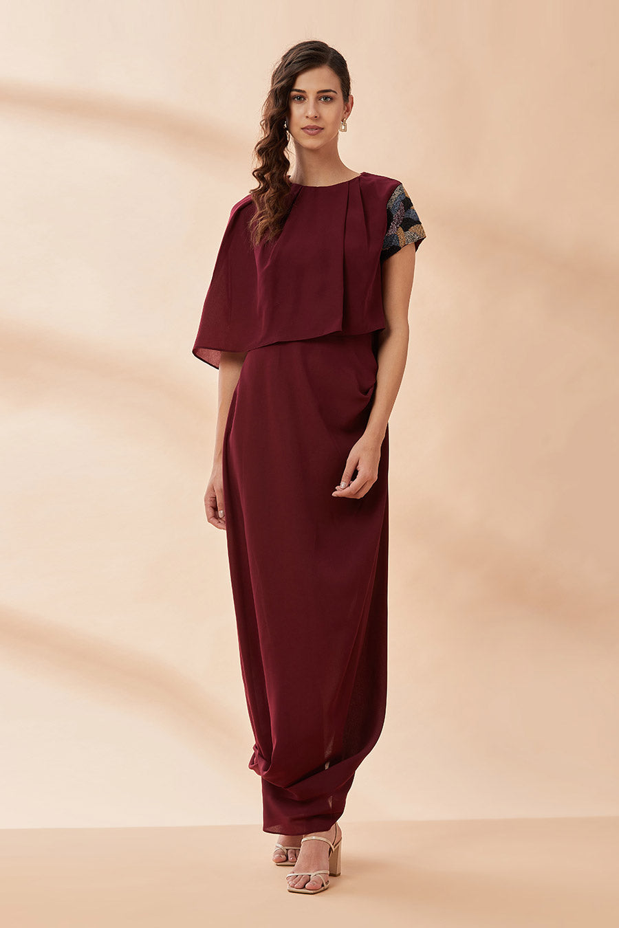 Wine Crystal Drape Dress