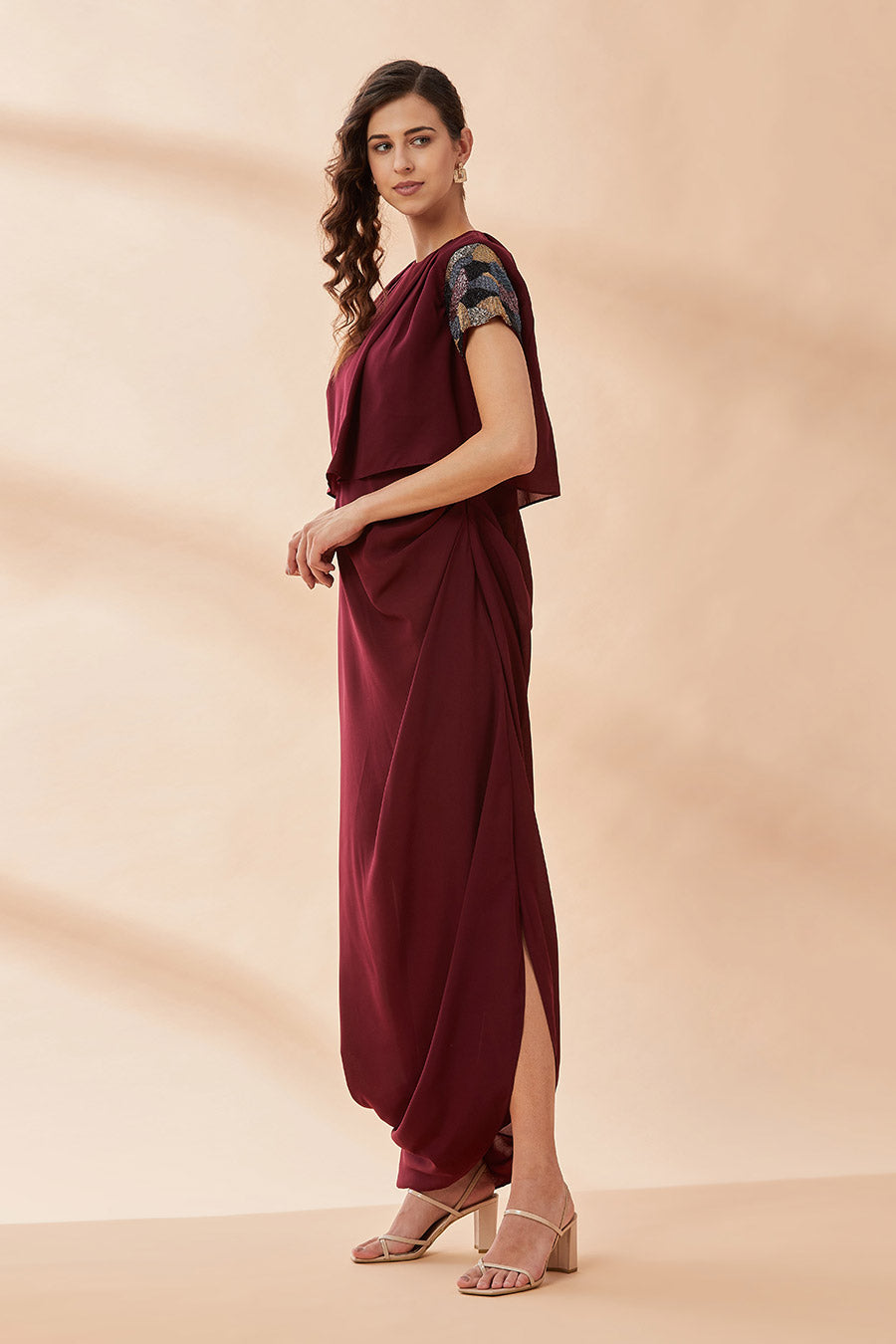 Wine Crystal Drape Dress