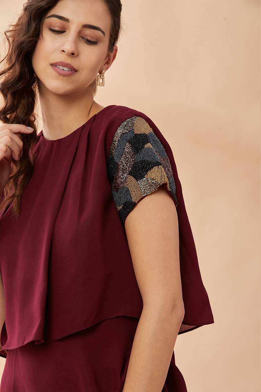 Wine Crystal Drape Dress