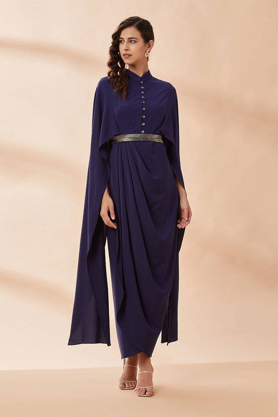 Navy Armour Drape Dress With Belt