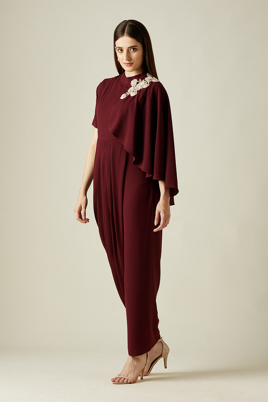 Wine Floral Embroidered Drape Dress