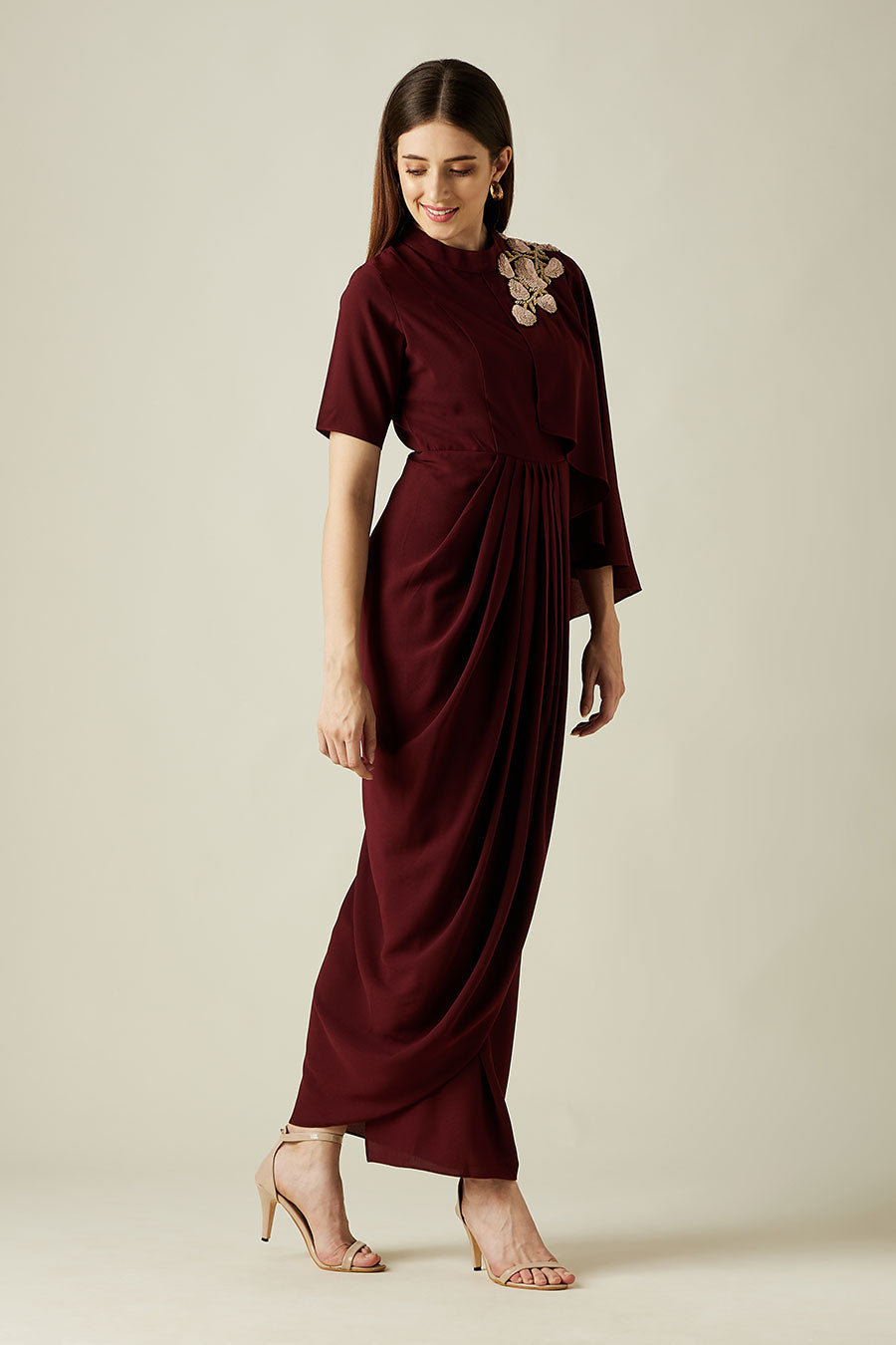 Wine Floral Embroidered Drape Dress