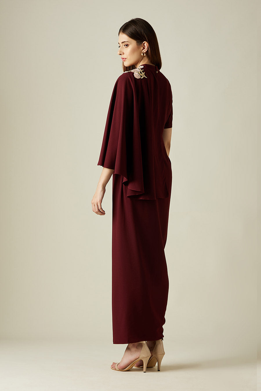 Wine Floral Embroidered Drape Dress