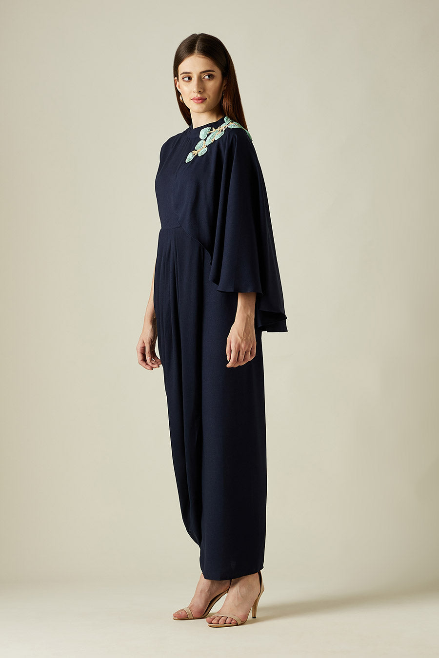 Navy Floral Embroidered Drape Dress