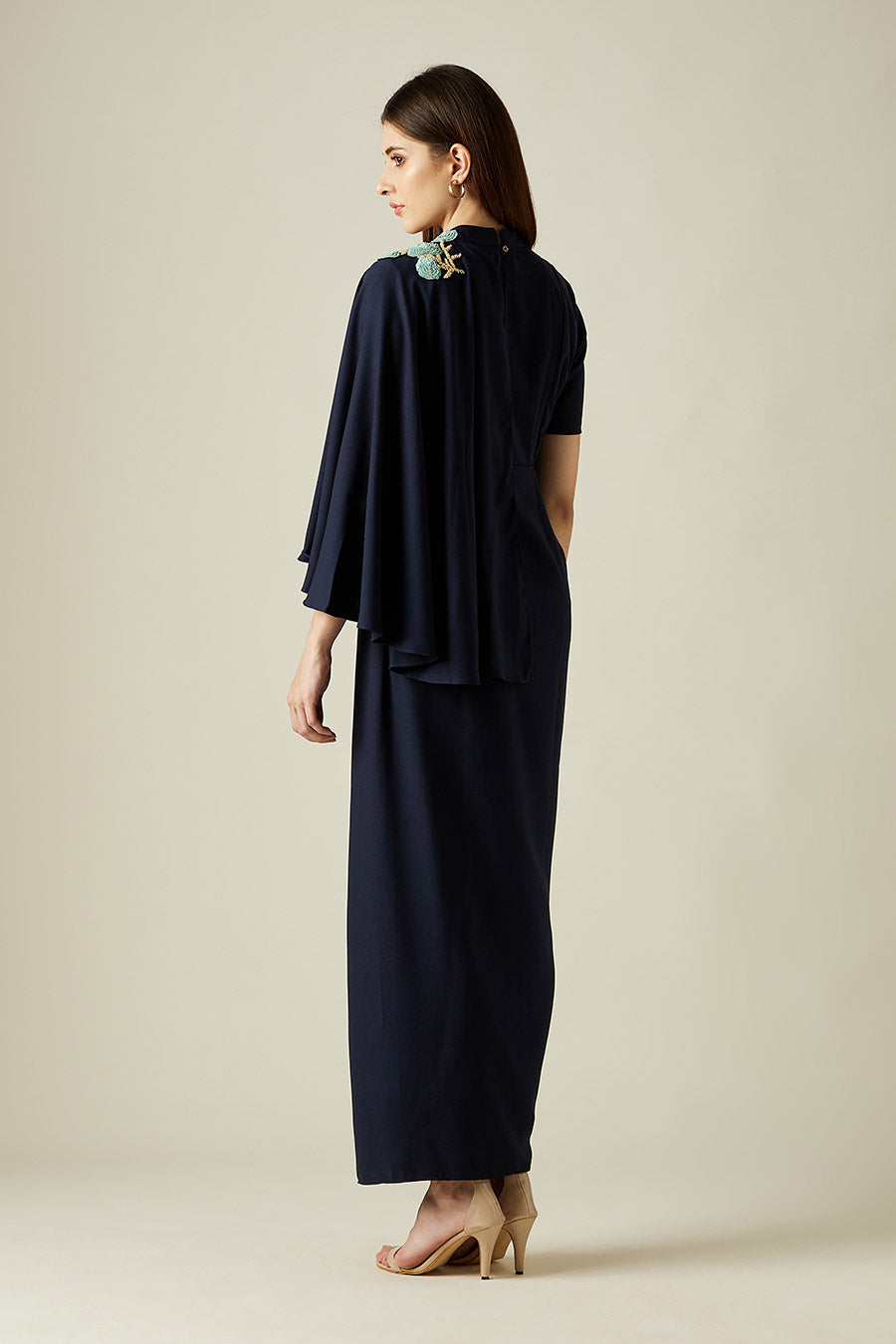 Navy Floral Embroidered Drape Dress