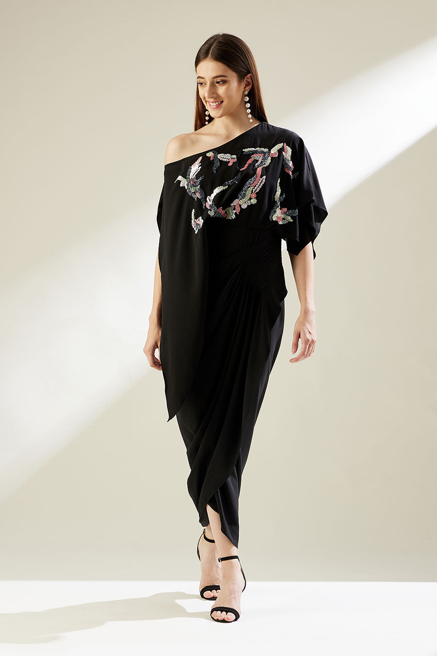Star Cluster Black One-Shoulder Drape Dress