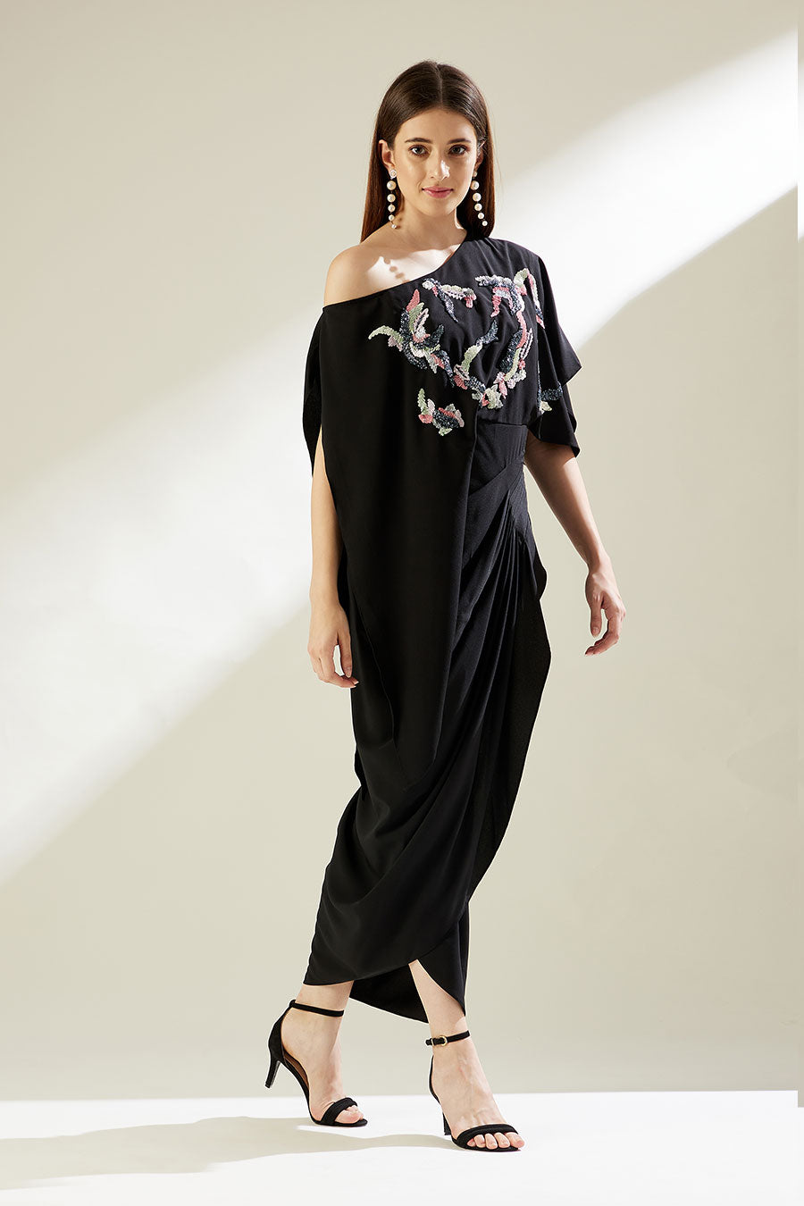 Star Cluster Black One-Shoulder Drape Dress