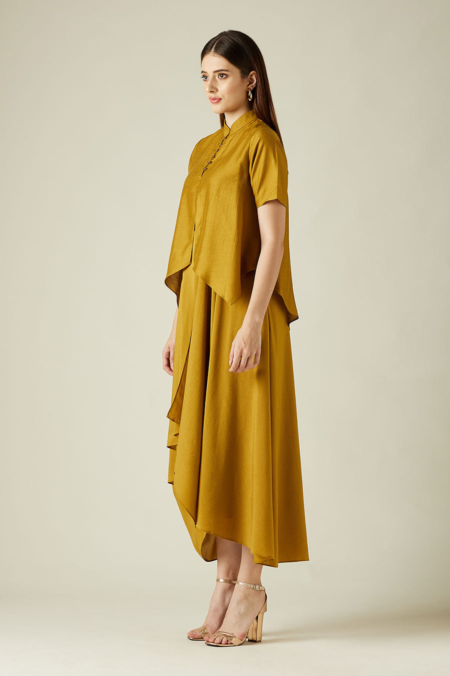 Mustard Cotton Silk Lounge Drape Dress