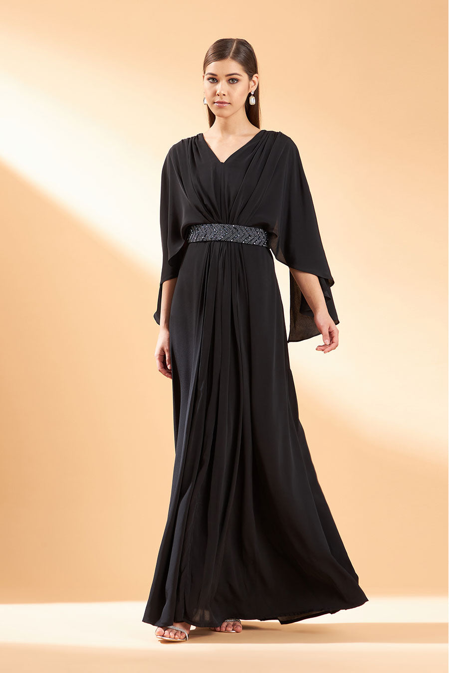 Ebony Crystal Drape Dress With Belt
