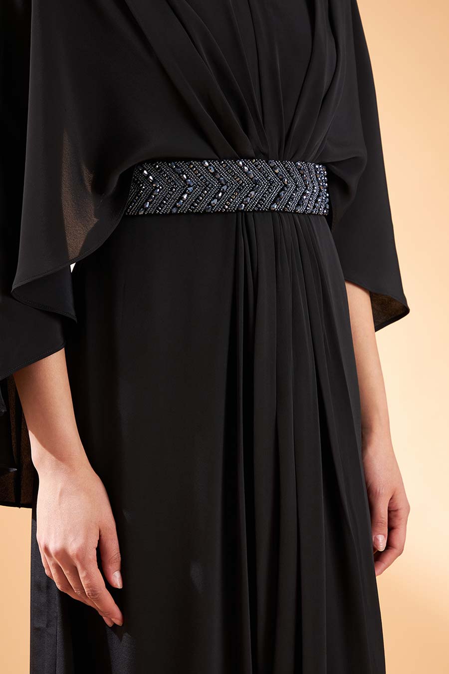 Ebony Crystal Drape Dress With Belt