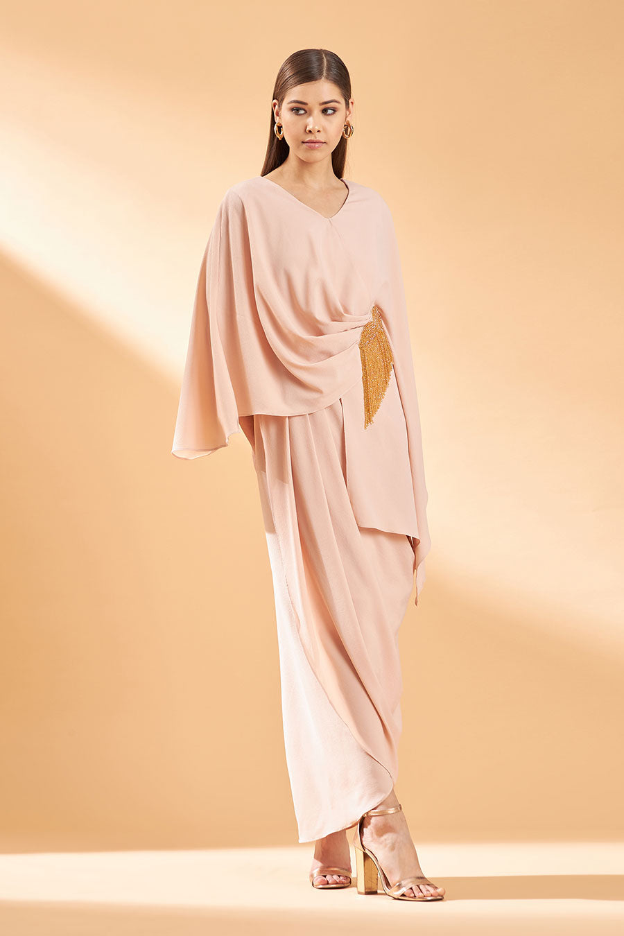 Crystal Fringe Peach Drape Dress