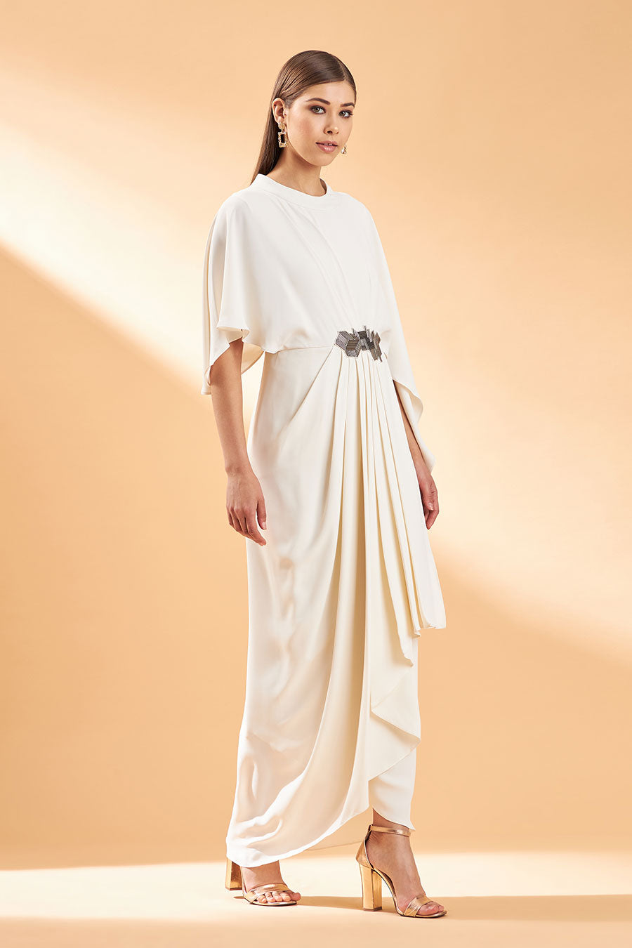 Cream Pleated Drape Dress