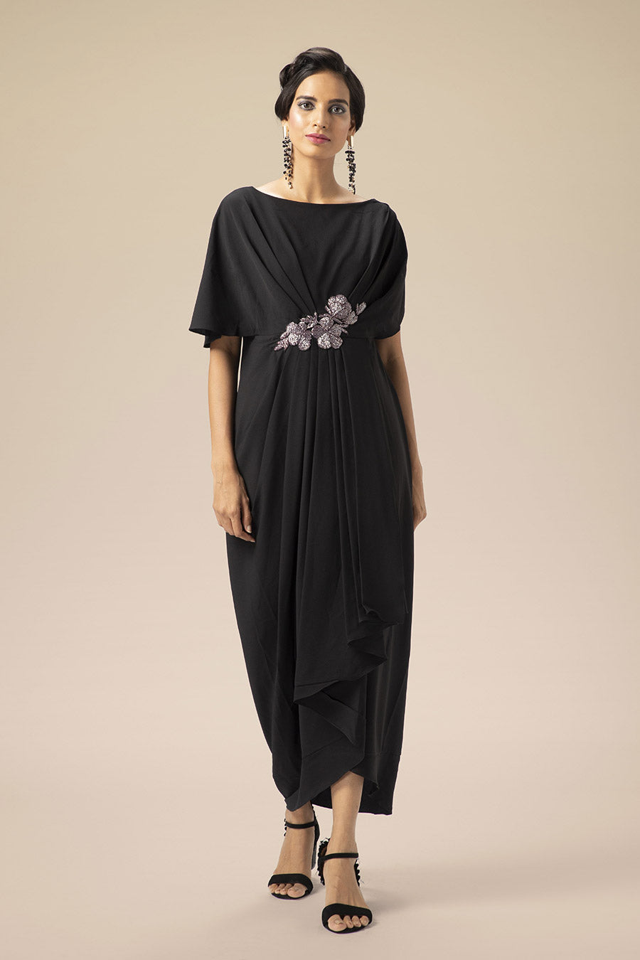 Black Embroidered Drape Dress