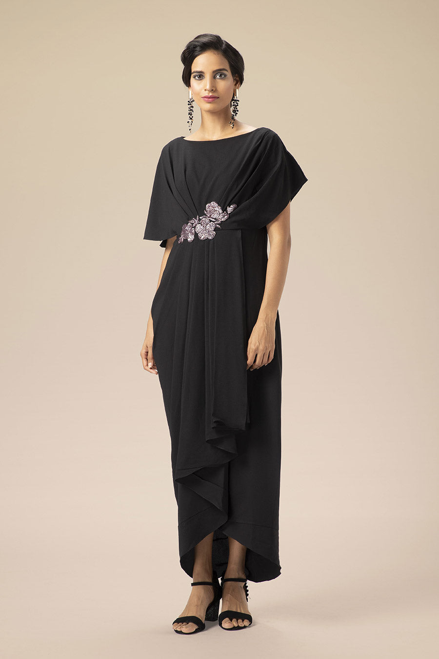 Black Embroidered Drape Dress