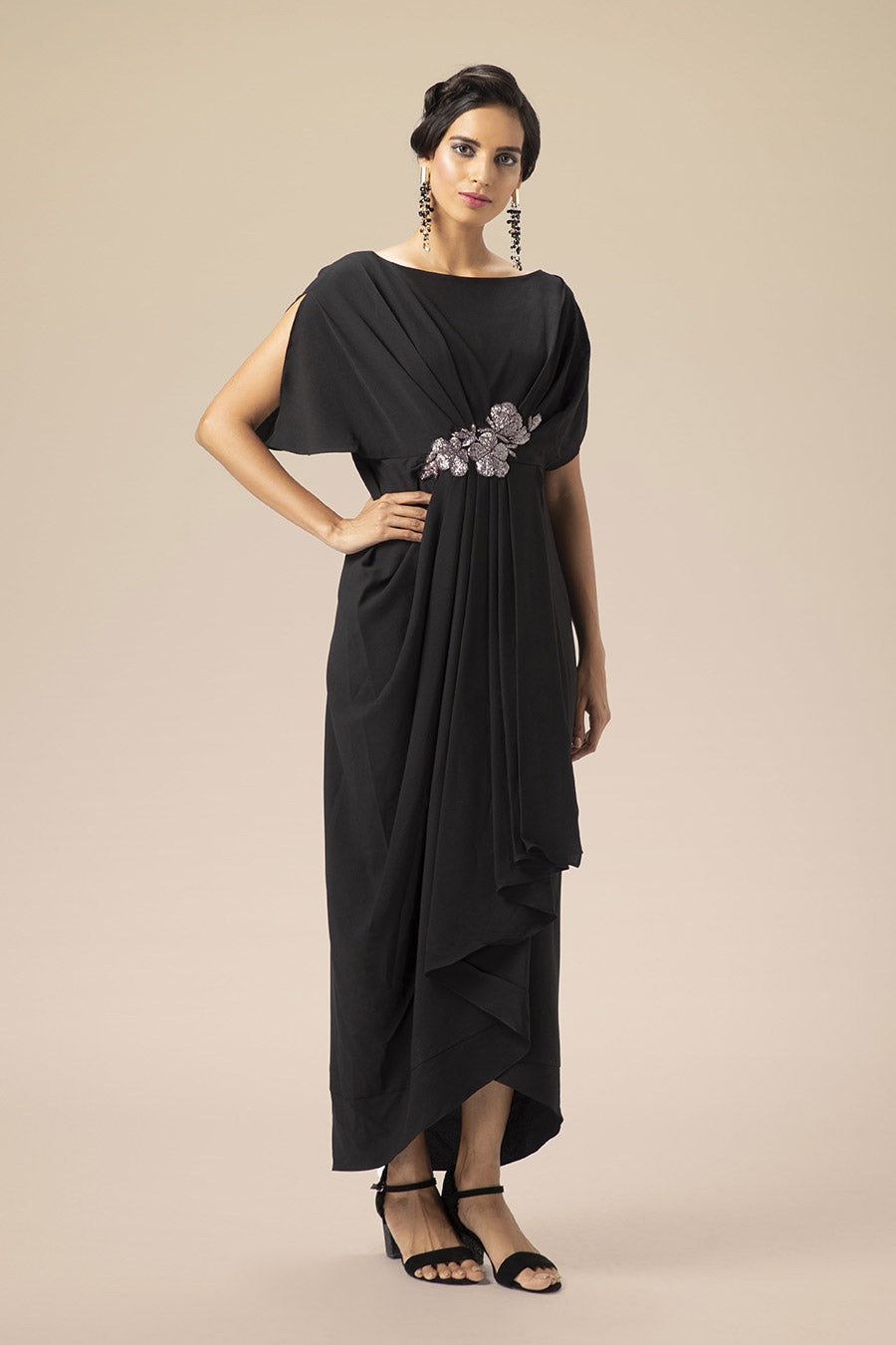 Black Embroidered Drape Dress