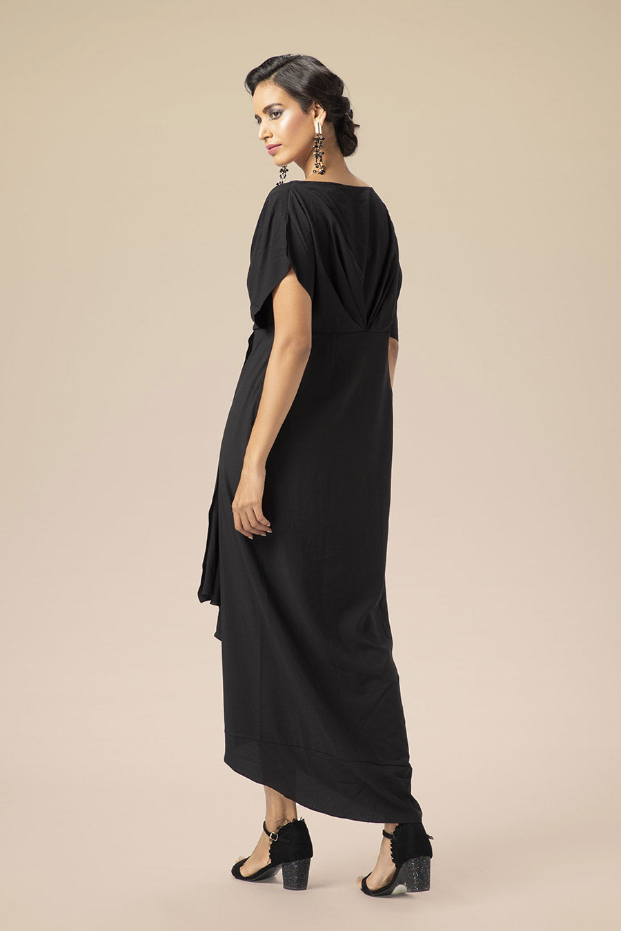Black Embroidered Drape Dress