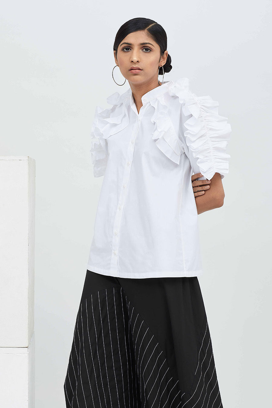 White Cotton Ruffle Shirt