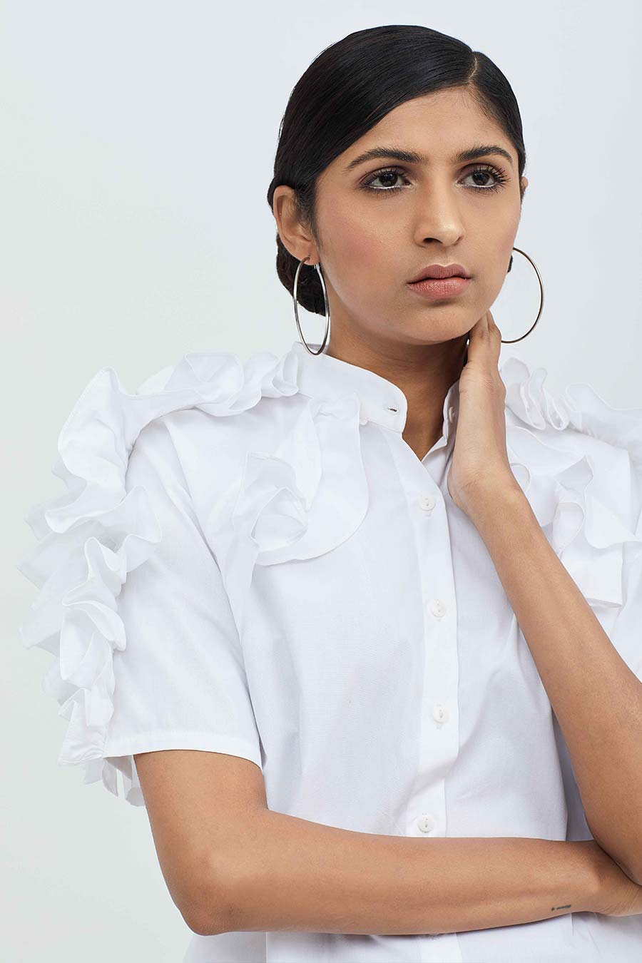 White Cotton Ruffle Shirt