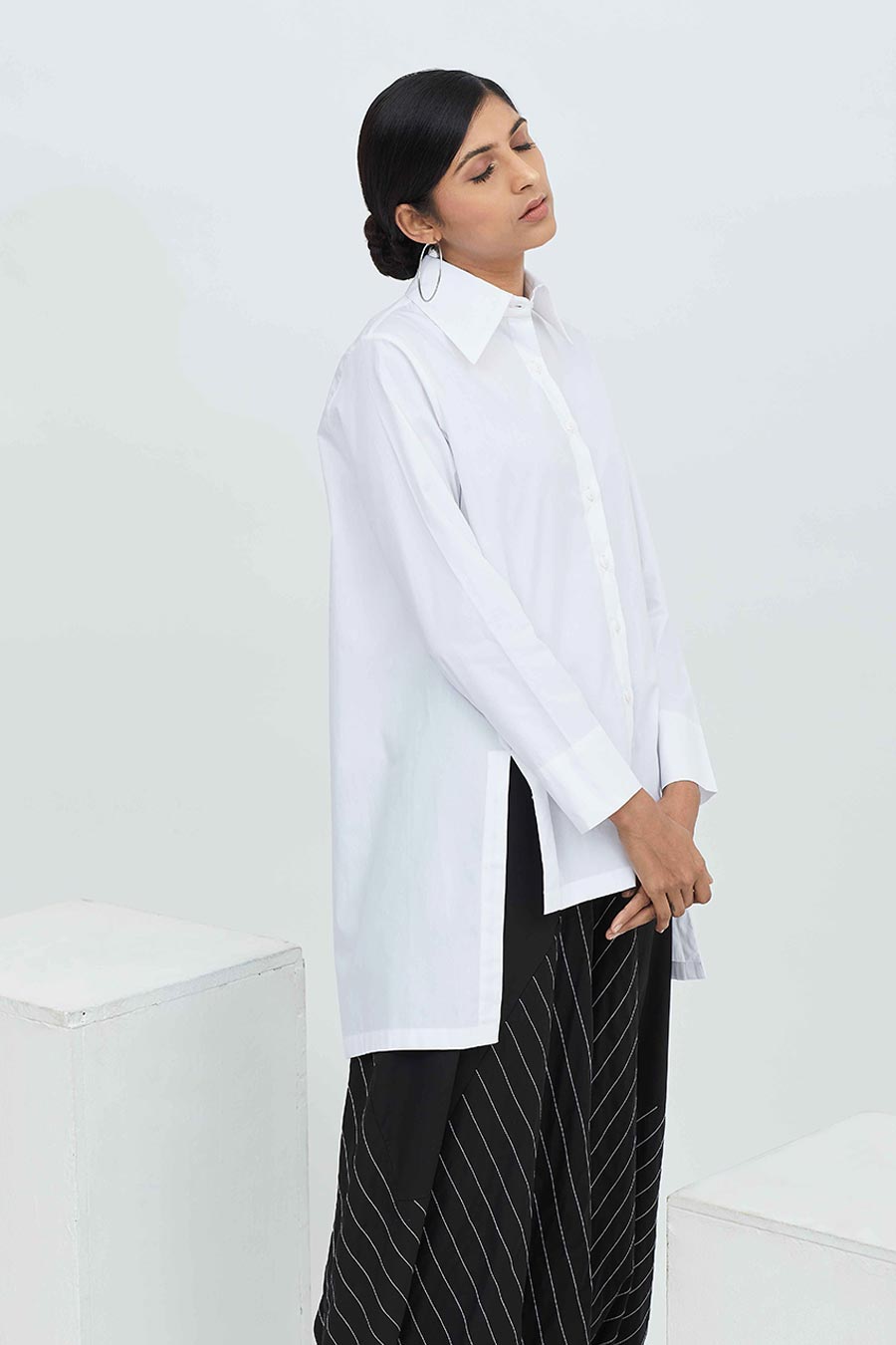 White Cotton High Slit Shirt