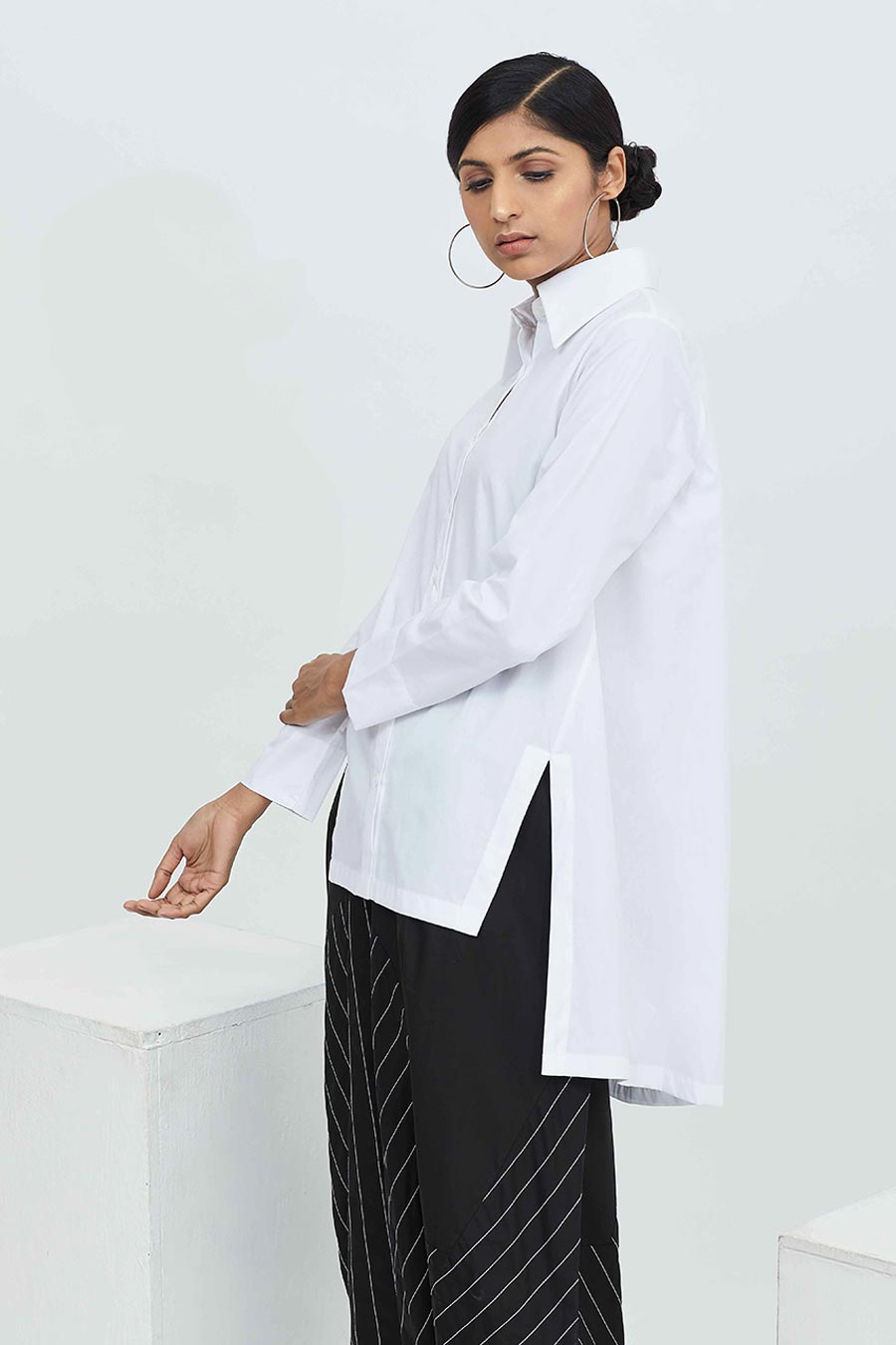 White Cotton High Slit Shirt