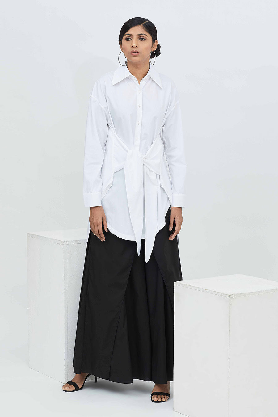 White High-Low Knot Shirt Tunic