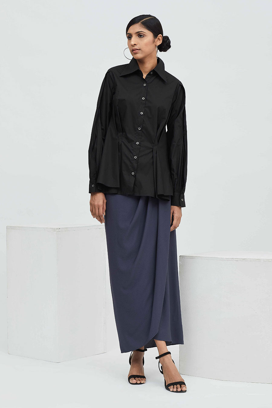 Black Cotton Pleated Tuck Shirt