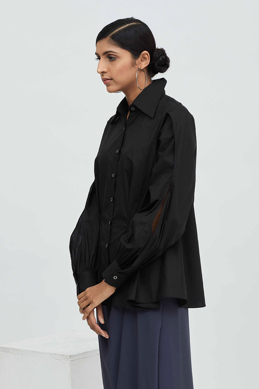 Black Cotton Pleated Tuck Shirt