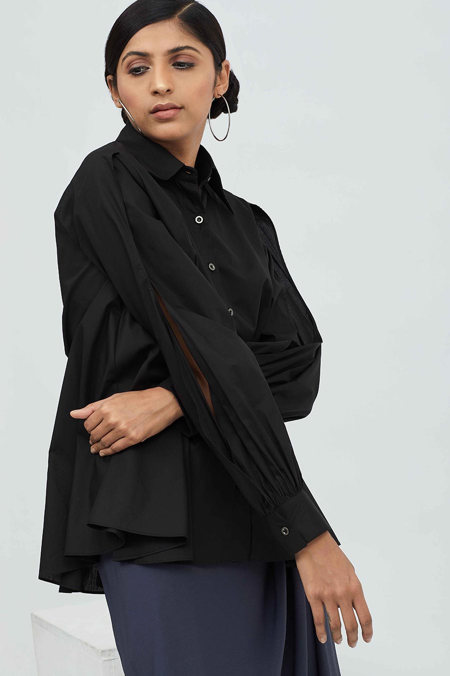 Black Cotton Pleated Tuck Shirt