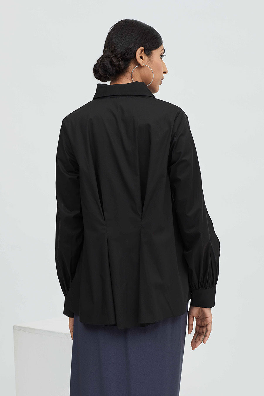 Black Cotton Pleated Tuck Shirt