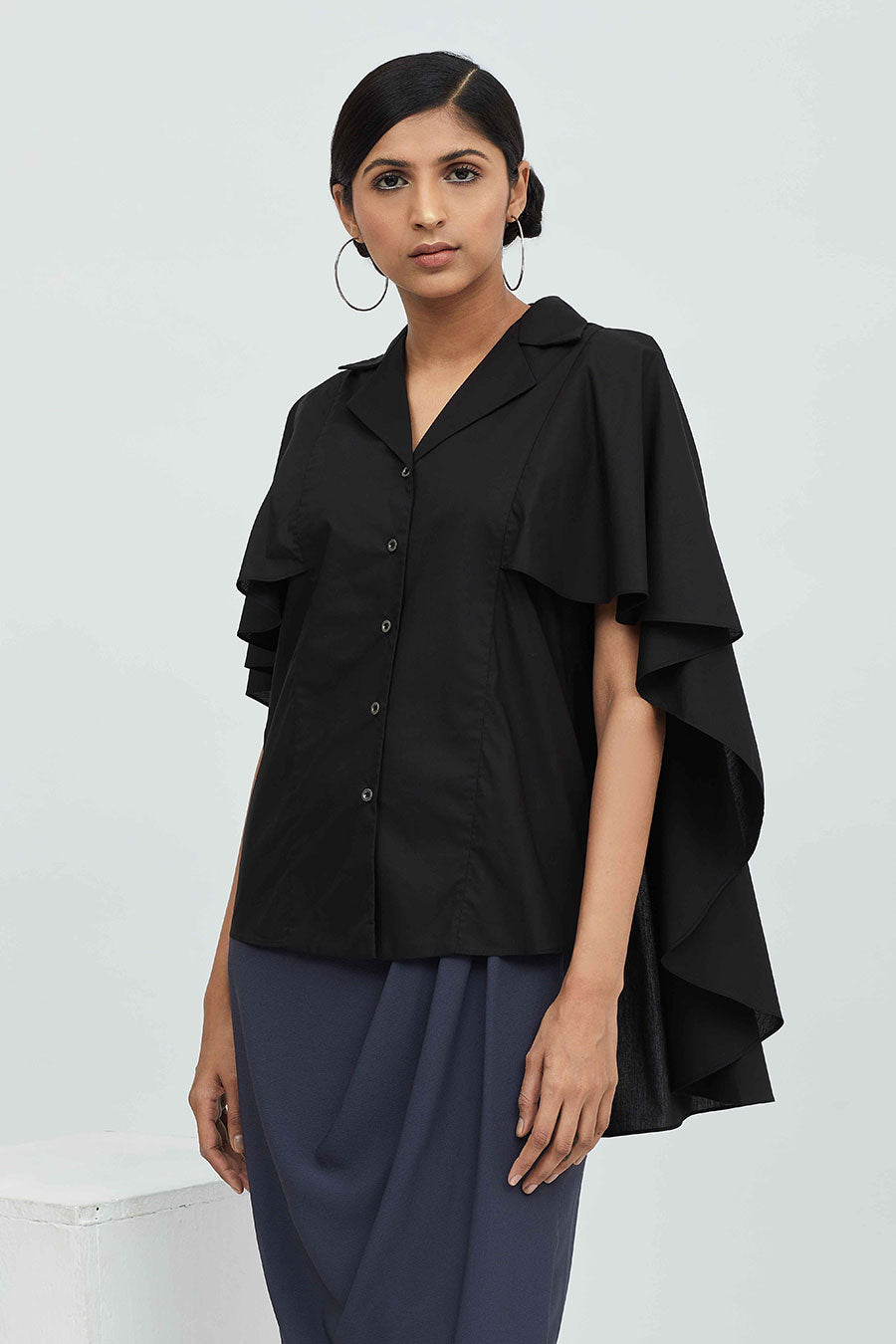 Black Cotton Cape Shirt