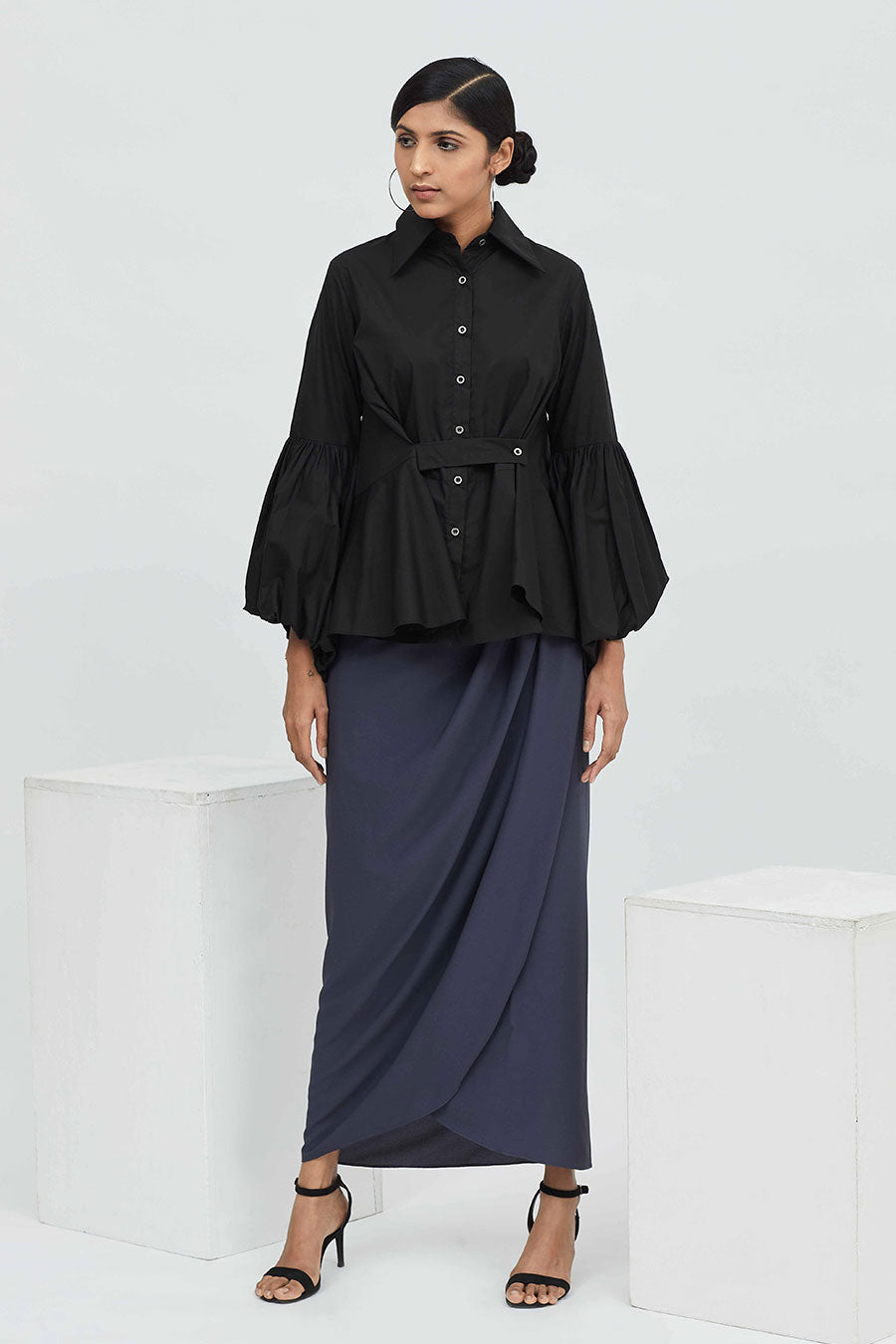 Black Cotton Flounced Shirt