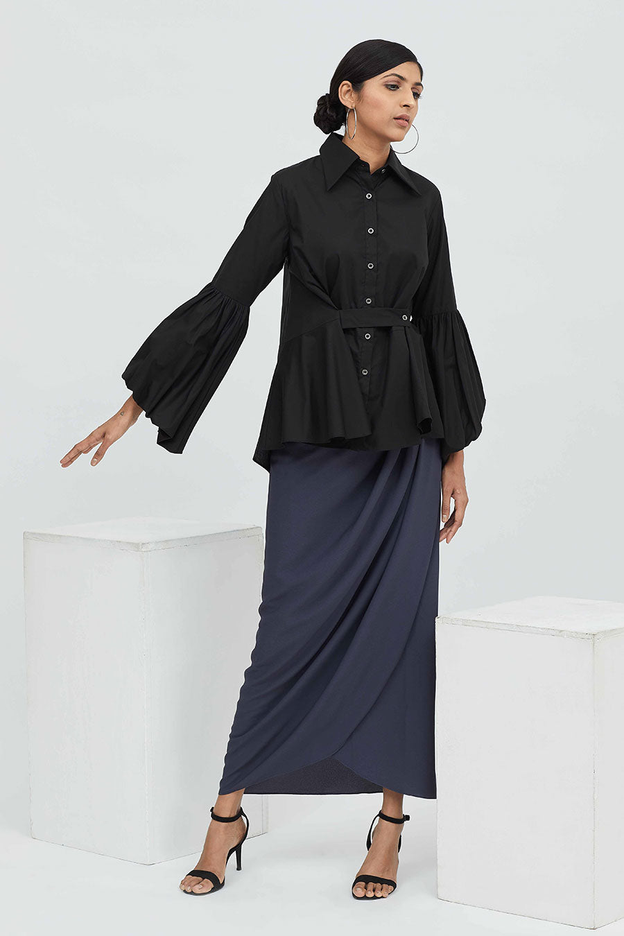 Black Cotton Flounced Shirt