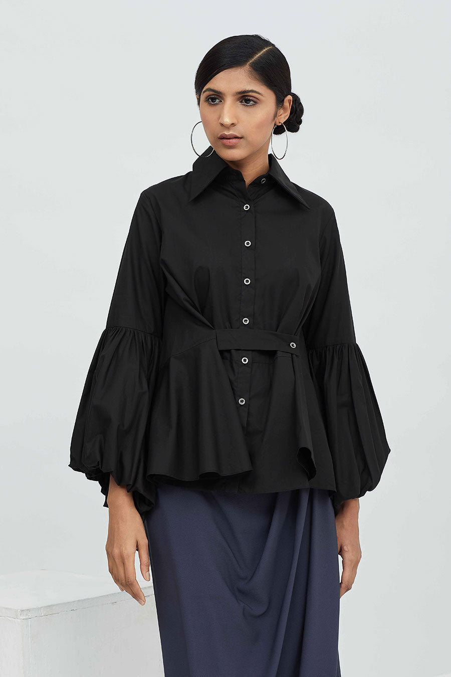 Black Cotton Flounced Shirt