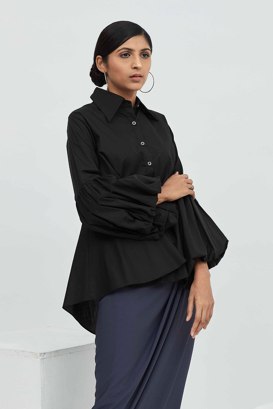 Black Cotton Flounced Shirt