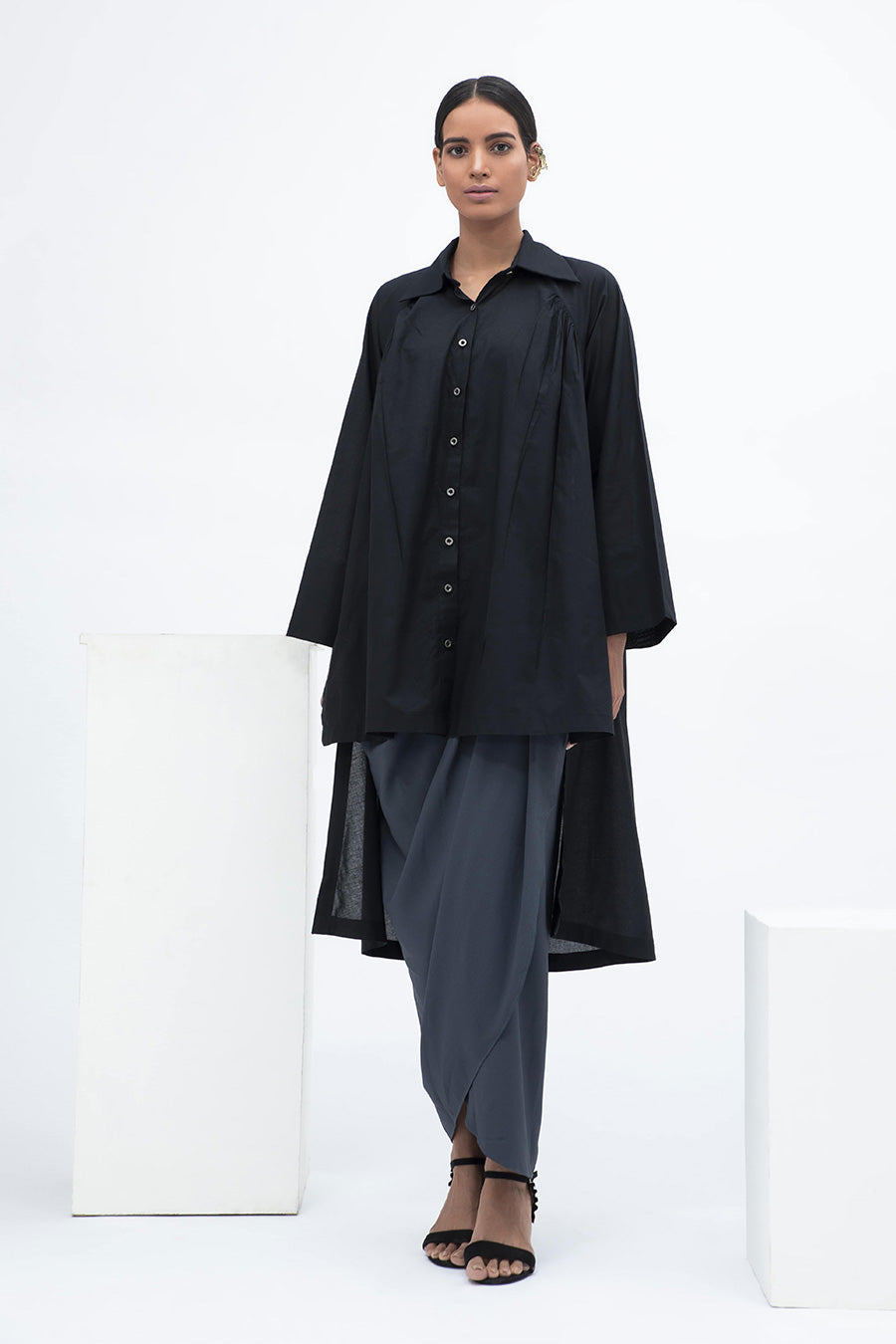 Black High Low Gathered Shirt