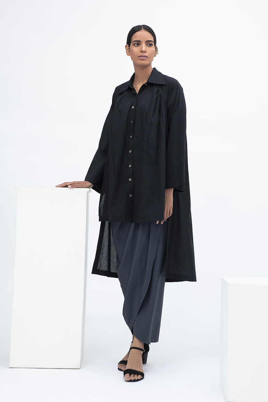 Black High Low Gathered Shirt