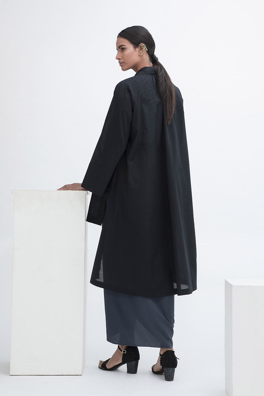 Black High Low Gathered Shirt