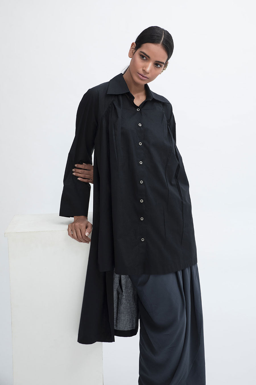 Black High Low Gathered Shirt