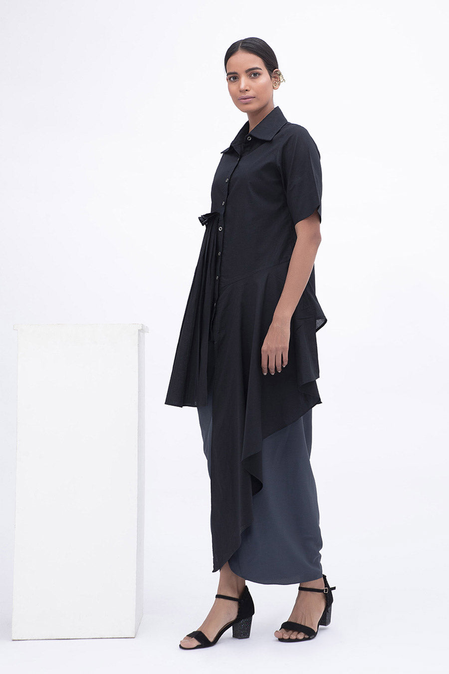 Black Side Gathered Drape Shirt Tunic