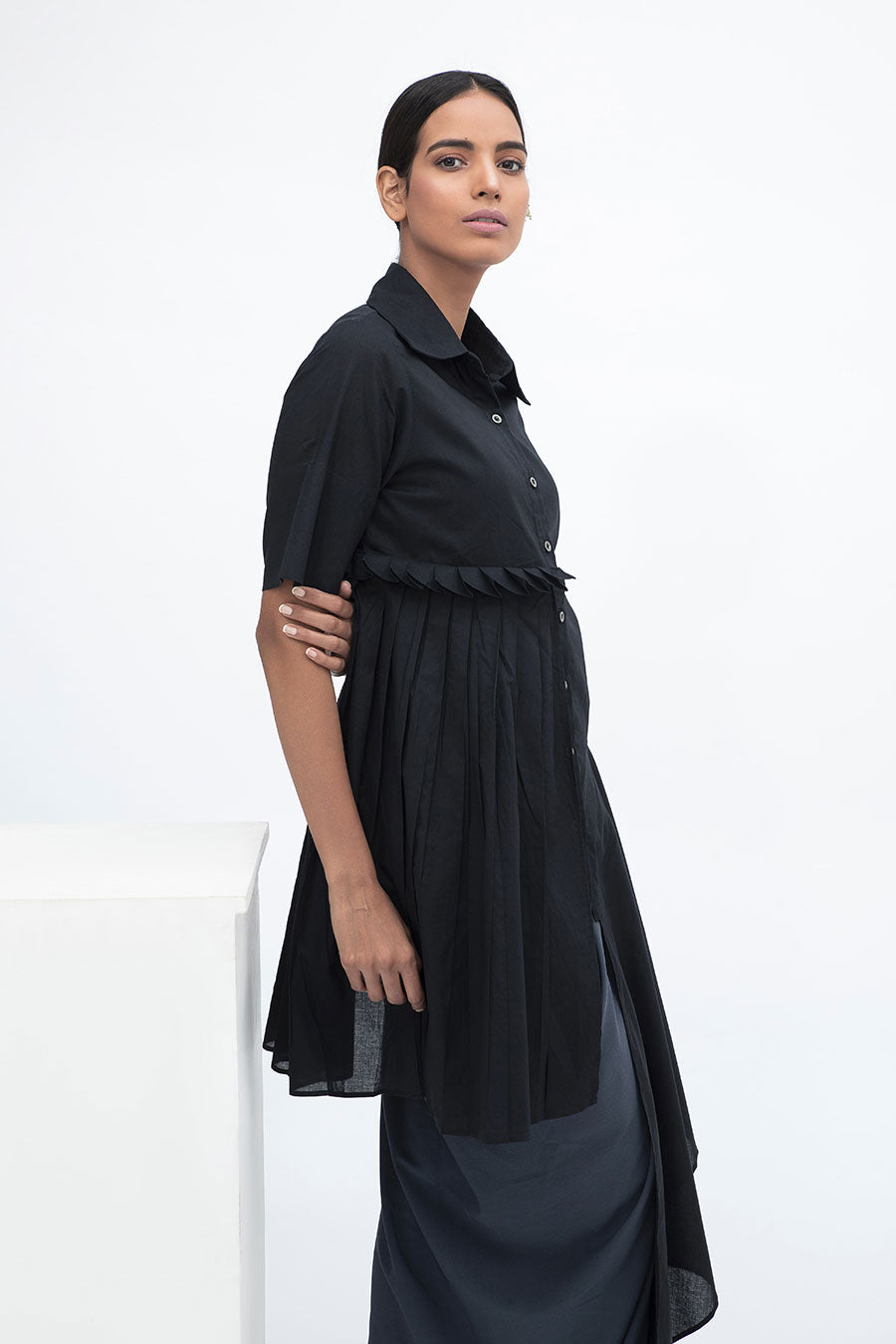 Black Side Gathered Drape Shirt Tunic