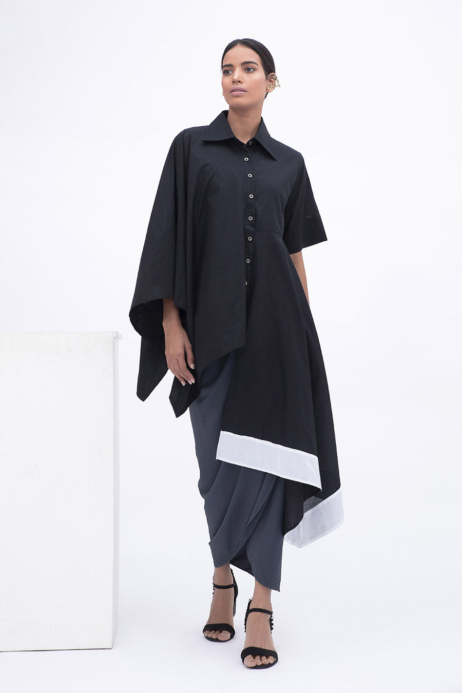 Black Panelled Drape Shirt Tunic