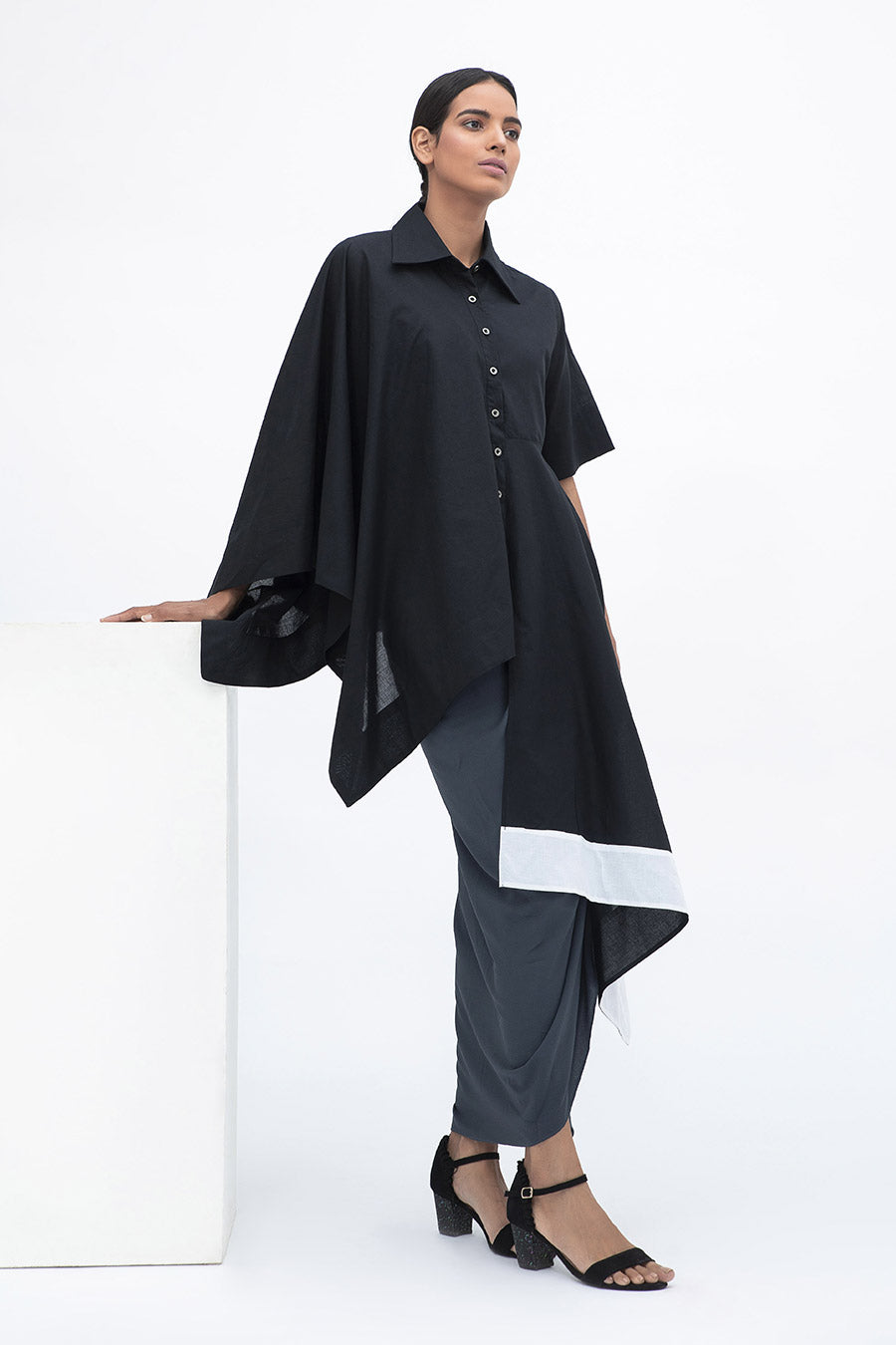 Black Panelled Drape Shirt Tunic