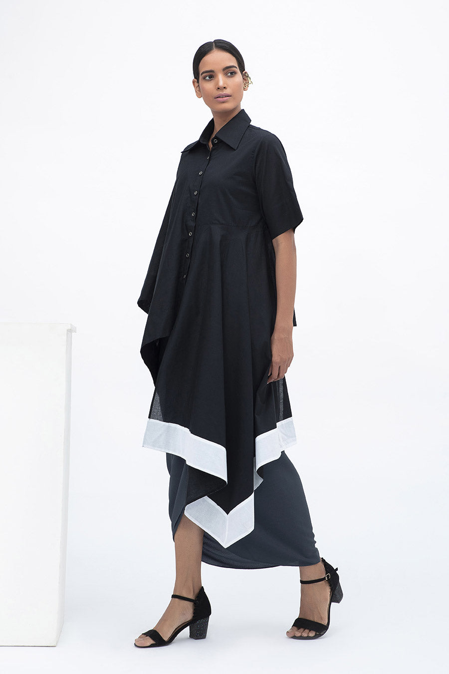 Black Panelled Drape Shirt Tunic
