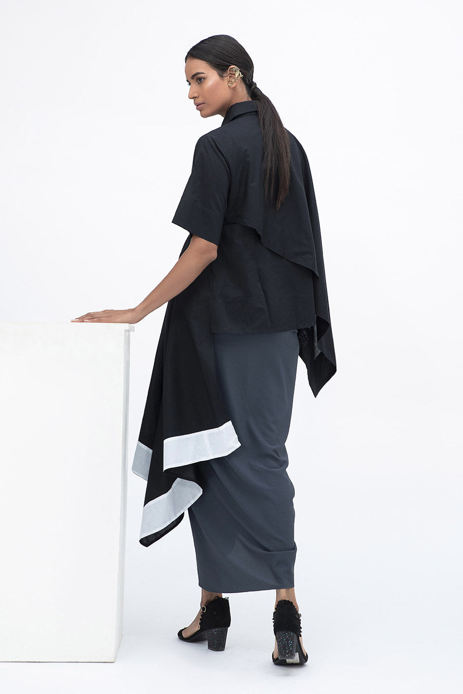 Black Panelled Drape Shirt Tunic